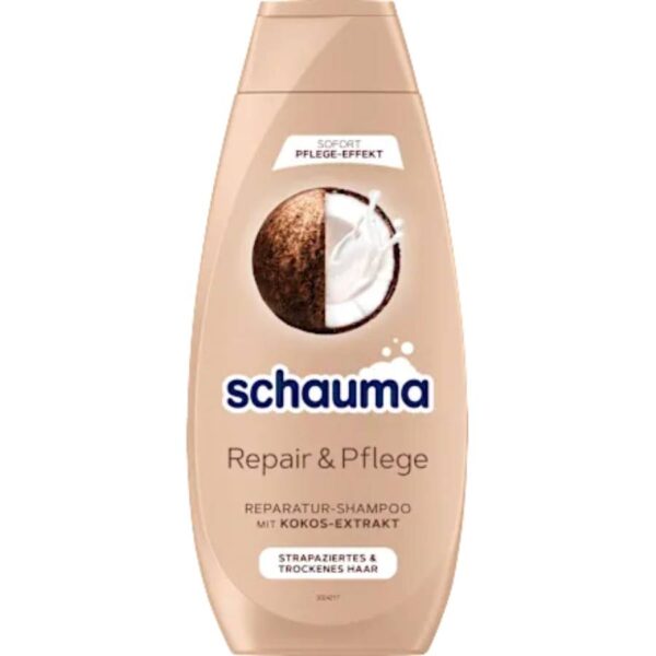 Schauma Shampoo,Με θρεπτικό εκχύλισμα καρύδας Ιδανικό για ξηρά και ταλαιπωρημένα μαλλιά Repair & Care, 400 ml